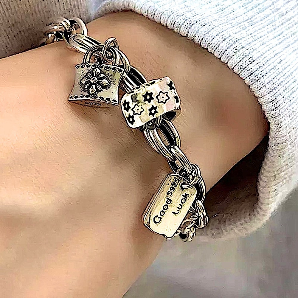 Sterling Silver Lock Charm Chain Link Good Luck Bracelet